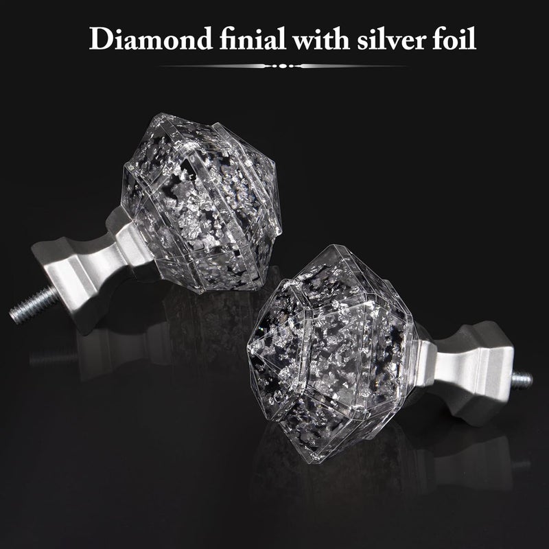 TONIAL Curtain Rod Finials for 3/4 and 5/8 Inch Diameter Curtain rods, Translucent Diamond Replacement Finials with M6 Standard Screw, Silver 2pcs - Image 2